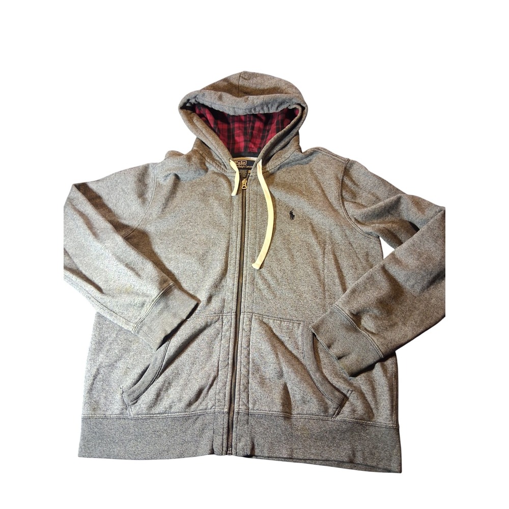 Polo Ralph Lauren Mens Full Zip Hoodie Gray Plaid Lined Fleece Large